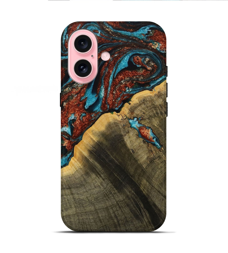 iPhone 16 Wood Live Edge Phone Case - Luciana (Teal & Gold, 731669)