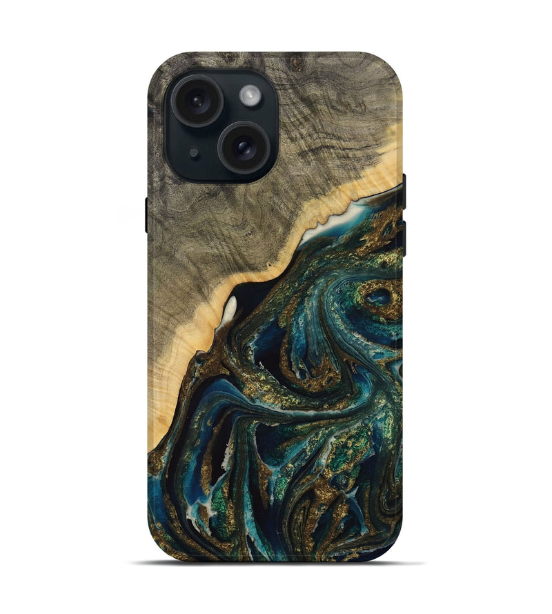 iPhone 15 Wood Live Edge Phone Case - Seang (Teal & Gold, 731675)