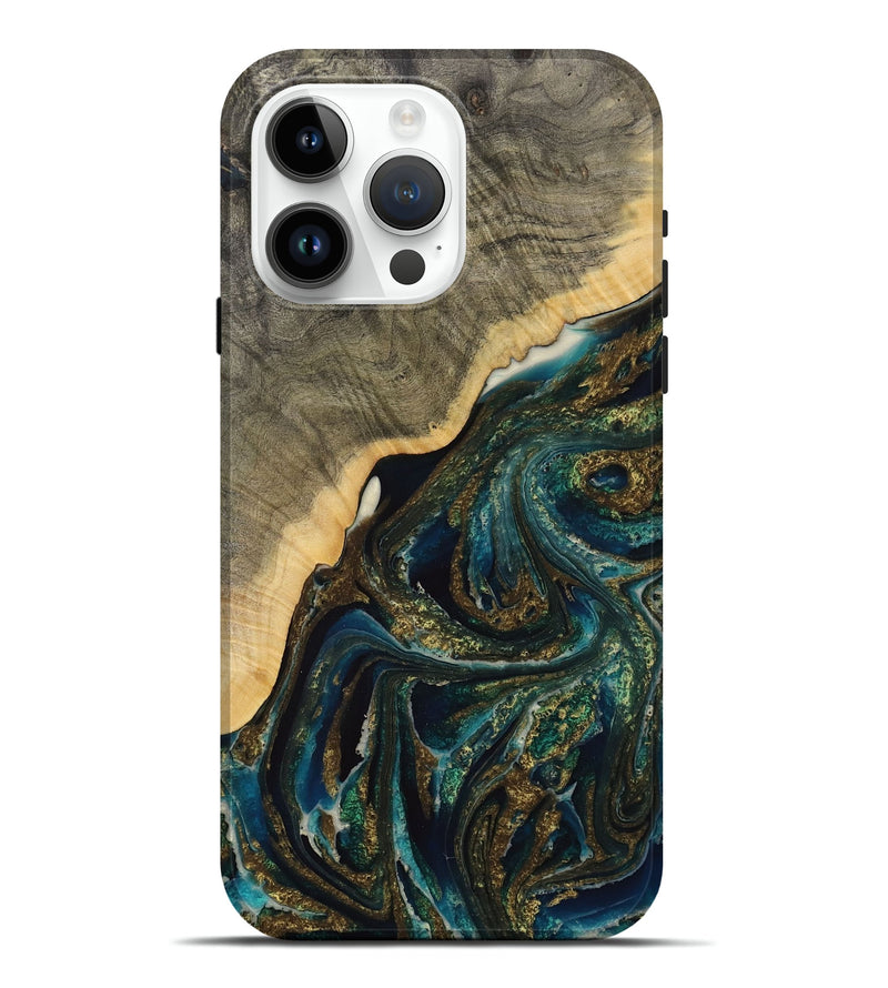 iPhone 15 Pro Max Wood Live Edge Phone Case - Seang (Teal & Gold, 731675)