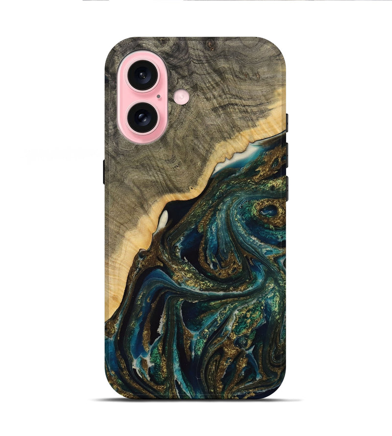 iPhone 16 Wood Live Edge Phone Case - Seang (Teal & Gold, 731675)