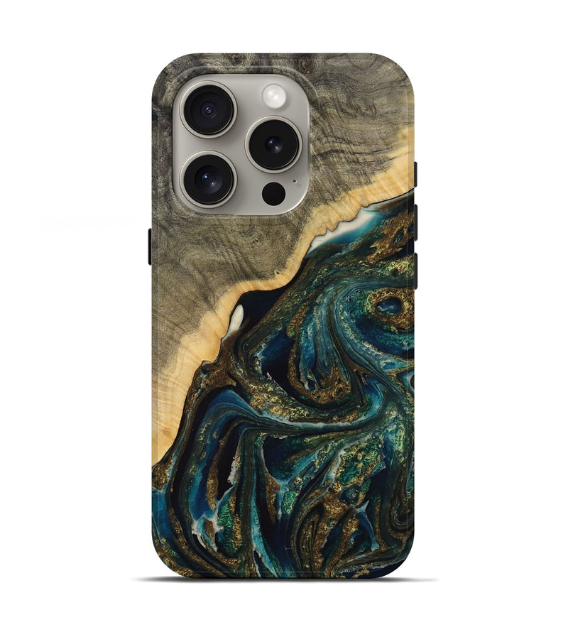 iPhone 16 Pro Wood Live Edge Phone Case - Seang (Teal & Gold, 731675)