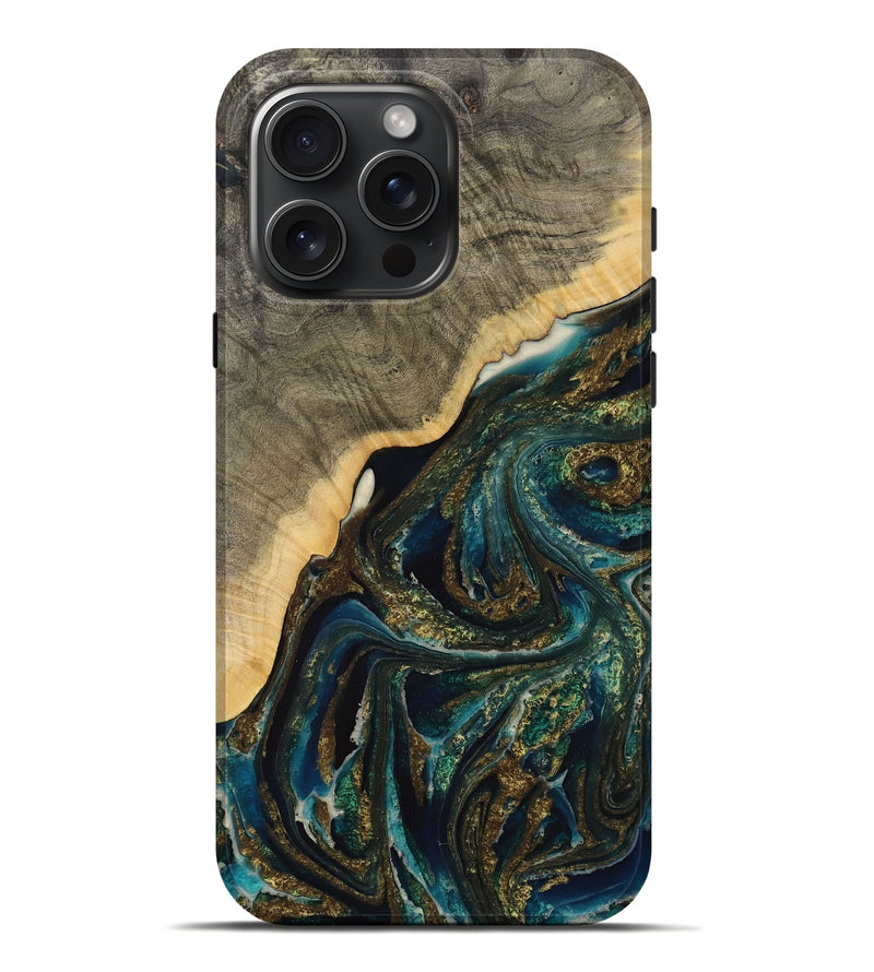 iPhone 16 Pro Max Wood Live Edge Phone Case - Seang (Teal & Gold, 731675)