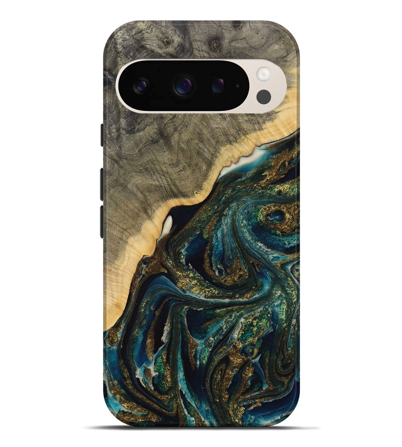 Pixel 9 Pro XL Wood Live Edge Phone Case - Seang (Teal & Gold, 731675)