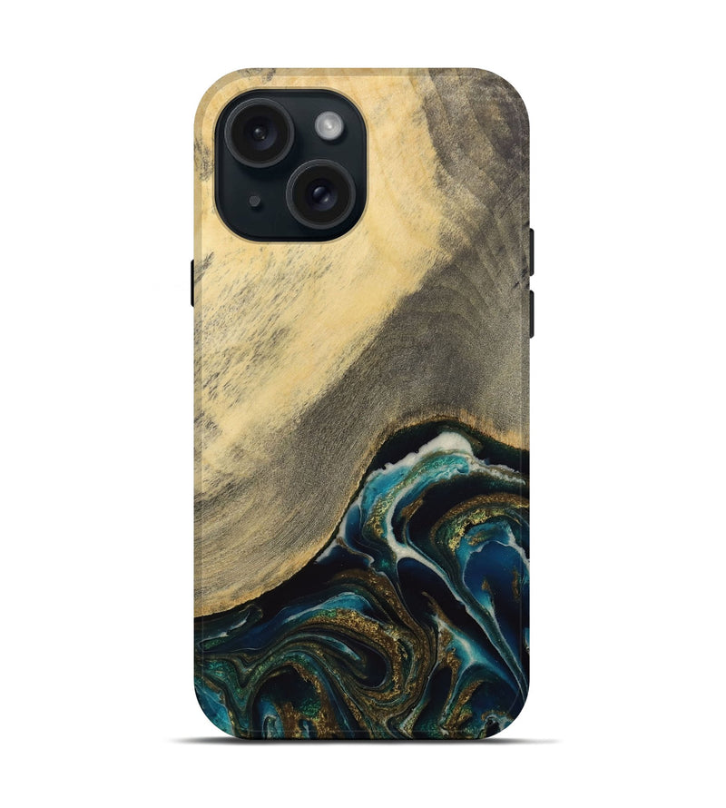 iPhone 15 Wood Live Edge Phone Case - Moyna (Teal & Gold, 731679)