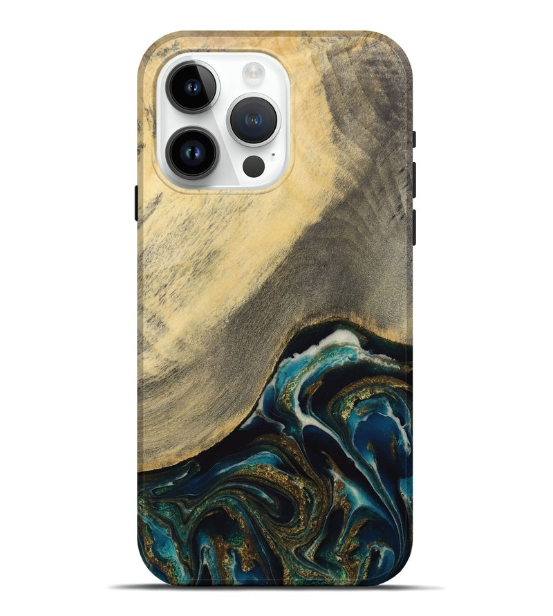 iPhone 15 Pro Max Wood Live Edge Phone Case - Moyna (Teal & Gold, 731679)