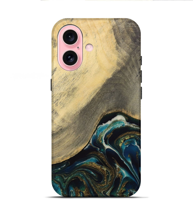 iPhone 16 Wood Live Edge Phone Case - Moyna (Teal & Gold, 731679)