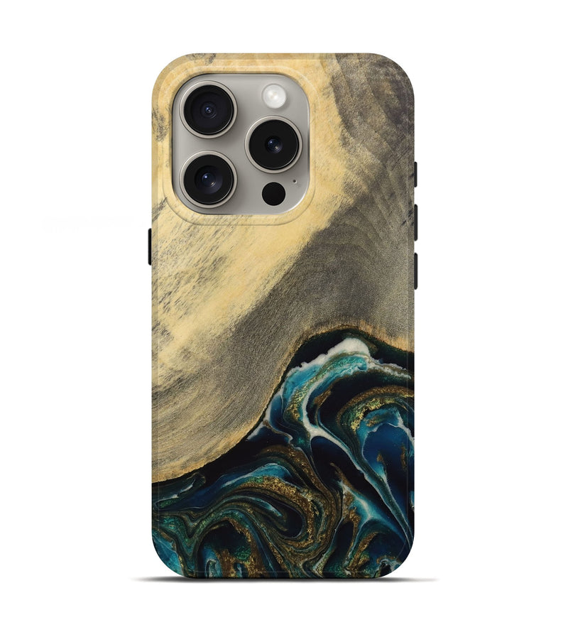 iPhone 16 Pro Wood Live Edge Phone Case - Moyna (Teal & Gold, 731679)