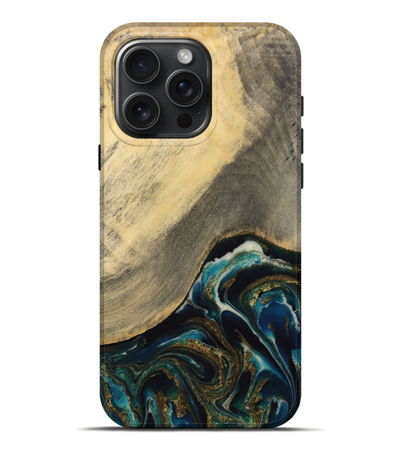 iPhone 16 Pro Max Wood Live Edge Phone Case - Moyna (Teal & Gold, 731679)