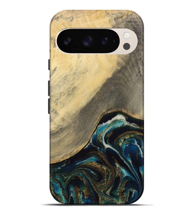 Pixel 9 Pro XL Wood Live Edge Phone Case - Moyna (Teal & Gold, 731679)