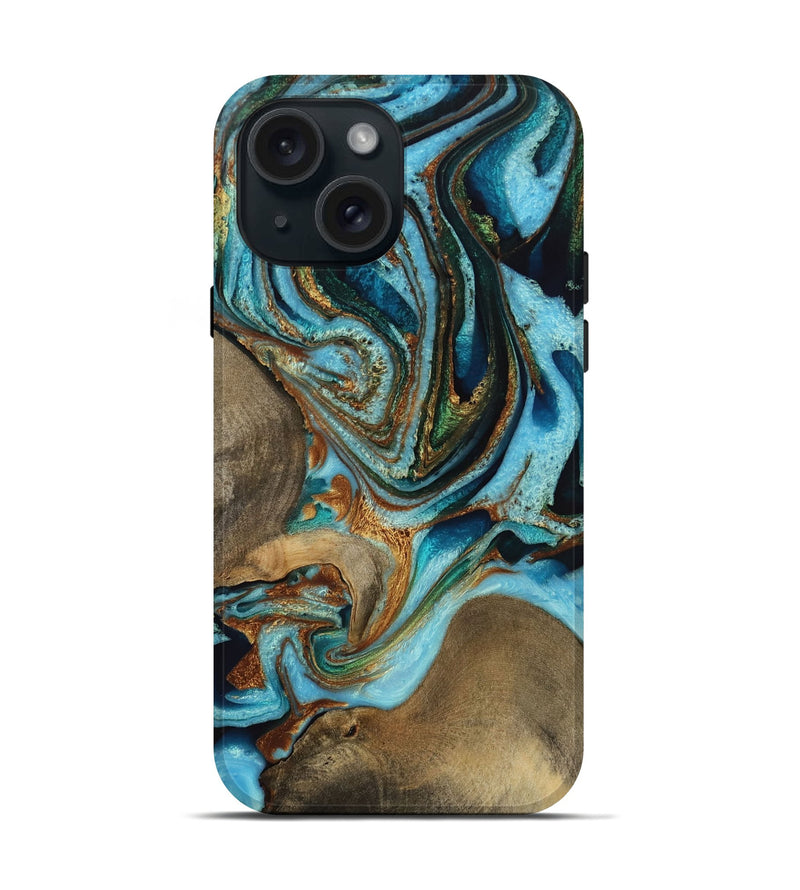 iPhone 15 Wood Live Edge Phone Case - Sibella (Teal & Gold, 731682)