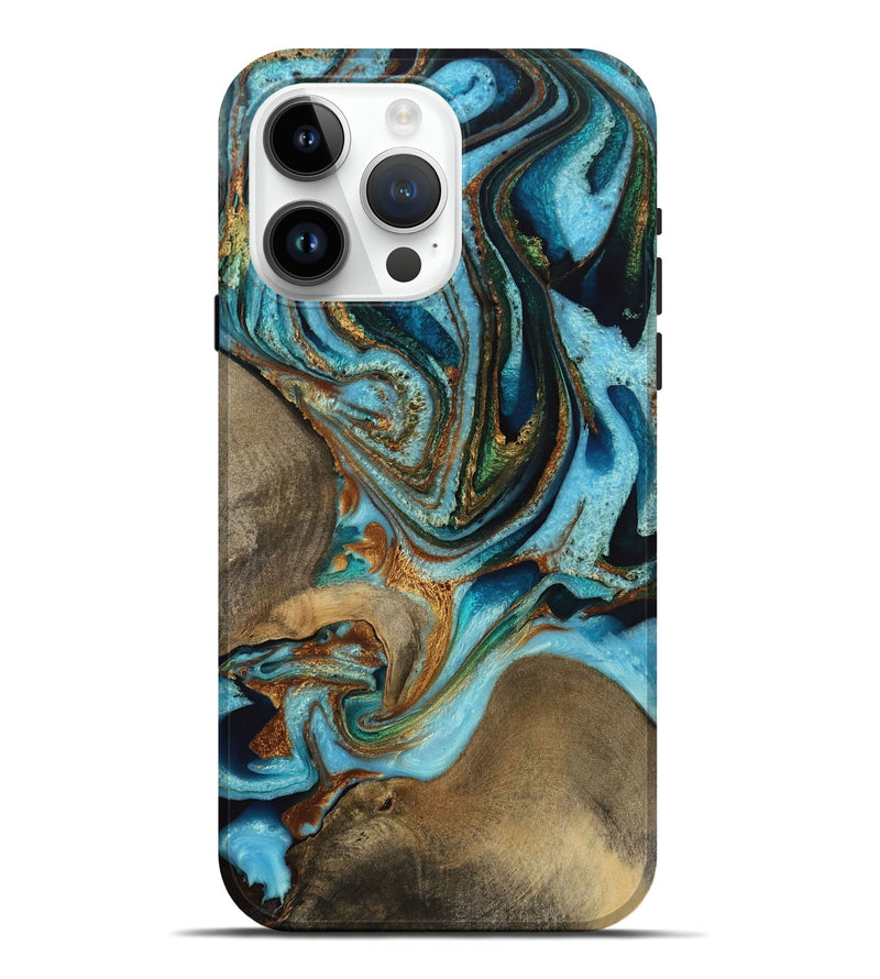 iPhone 15 Pro Max Wood Live Edge Phone Case - Sibella (Teal & Gold, 731682)