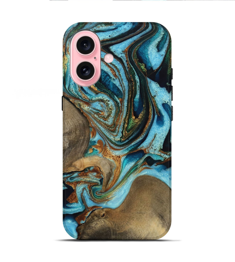 iPhone 16 Wood Live Edge Phone Case - Sibella (Teal & Gold, 731682)