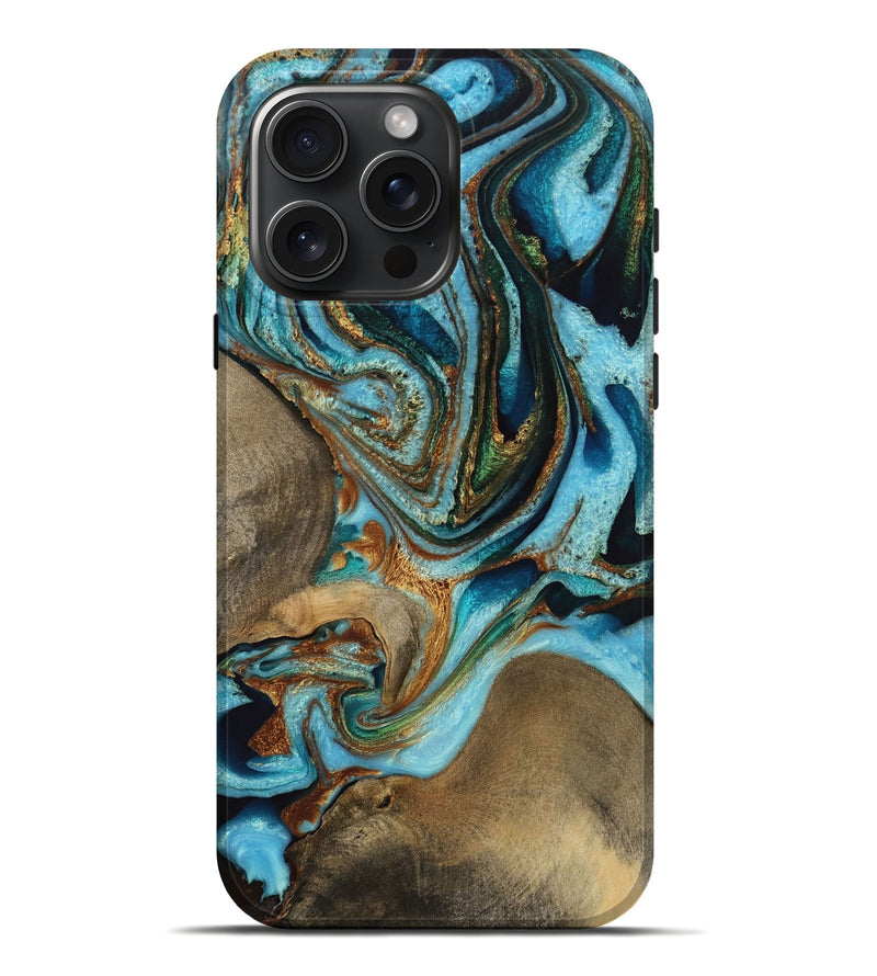 iPhone 16 Pro Max Wood Live Edge Phone Case - Sibella (Teal & Gold, 731682)