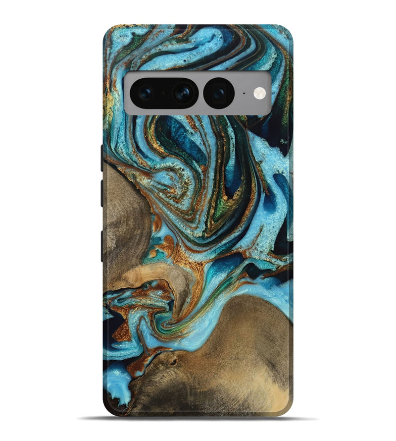 Pixel 7 Pro Wood Live Edge Phone Case - Sibella (Teal & Gold, 731682)