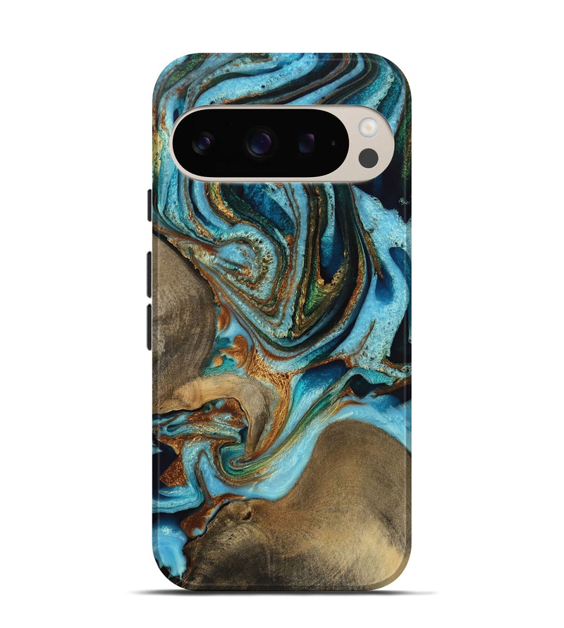 Pixel 9 Wood Live Edge Phone Case - Sibella (Teal & Gold, 731682)