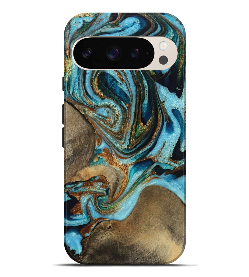 Pixel 9 Pro XL Wood Live Edge Phone Case - Sibella (Teal & Gold, 731682)