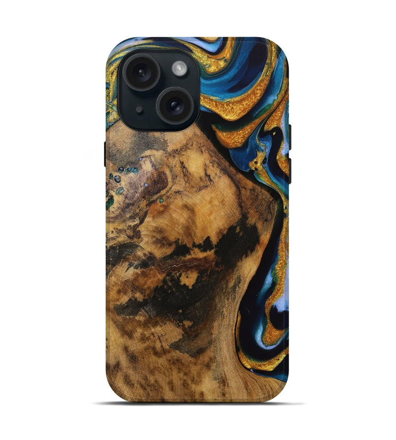 iPhone 15 Wood Live Edge Phone Case - Ingrid (Teal & Gold, 731683)