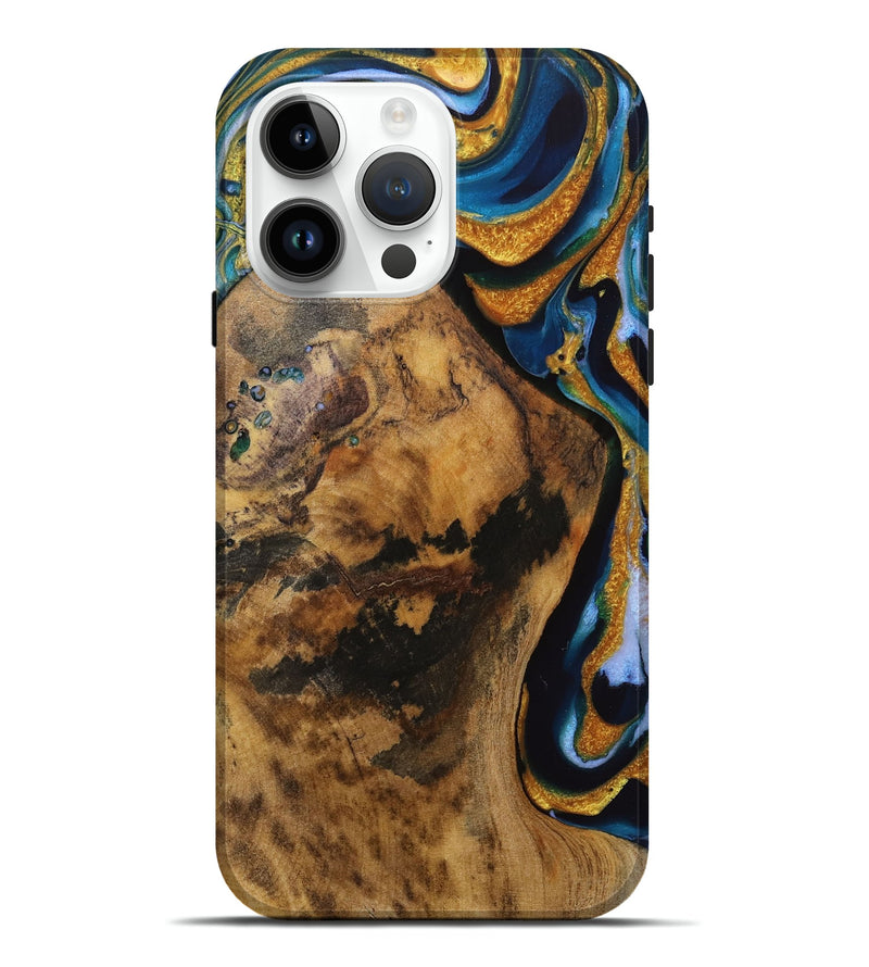 iPhone 15 Pro Max Wood Live Edge Phone Case - Ingrid (Teal & Gold, 731683)