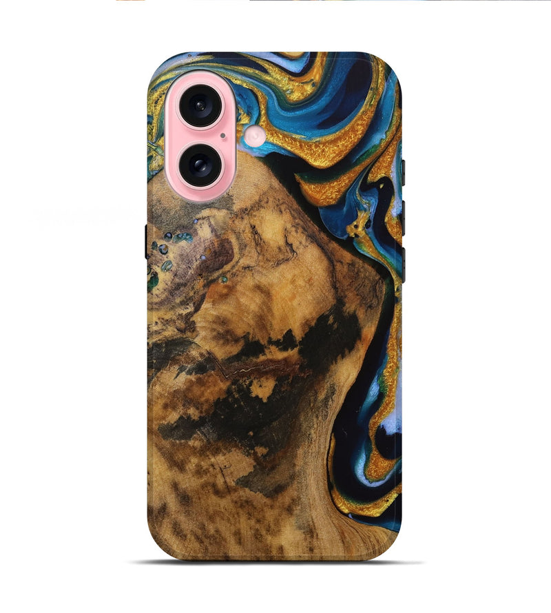 iPhone 16 Wood Live Edge Phone Case - Ingrid (Teal & Gold, 731683)