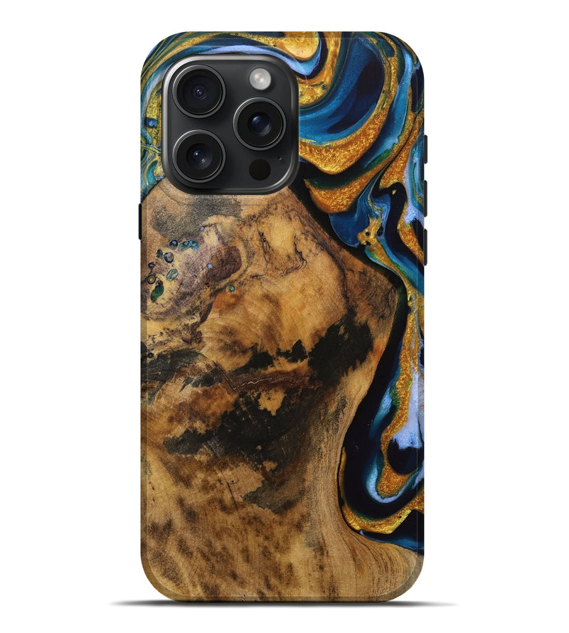 iPhone 16 Pro Max Wood Live Edge Phone Case - Ingrid (Teal & Gold, 731683)