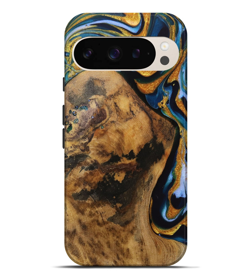 Pixel 9 Pro XL Wood Live Edge Phone Case - Ingrid (Teal & Gold, 731683)