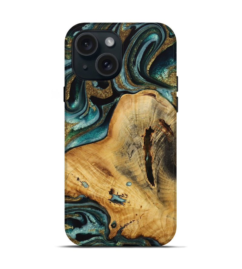 iPhone 15 Wood Live Edge Phone Case - Vanity (Teal & Gold, 731689)