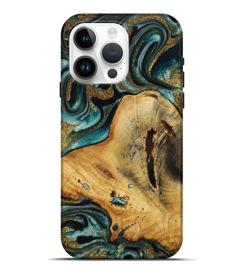 iPhone 15 Pro Max Wood Live Edge Phone Case - Vanity (Teal & Gold, 731689)