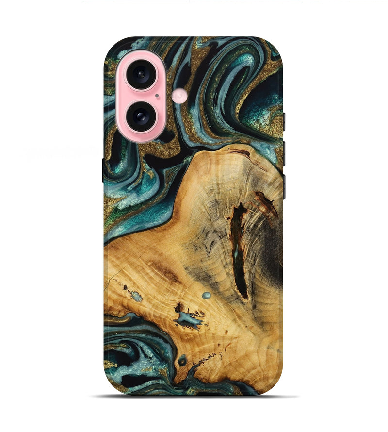 iPhone 16 Wood Live Edge Phone Case - Vanity (Teal & Gold, 731689)