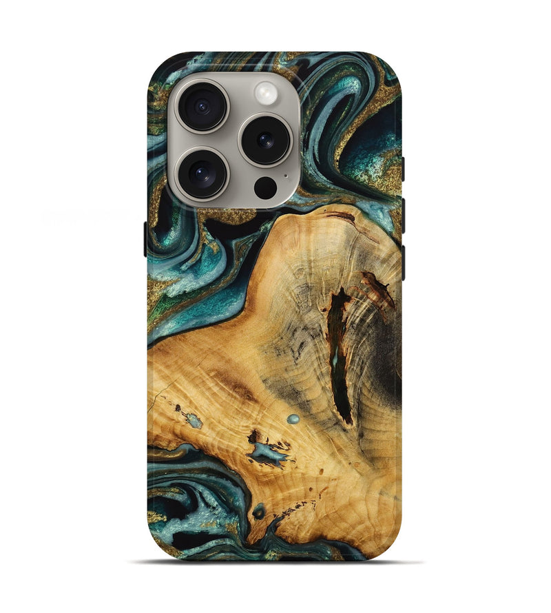 iPhone 16 Pro Wood Live Edge Phone Case - Vanity (Teal & Gold, 731689)