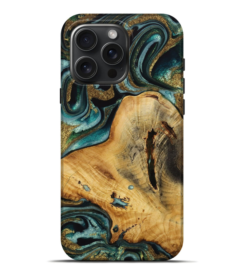 iPhone 16 Pro Max Wood Live Edge Phone Case - Vanity (Teal & Gold, 731689)