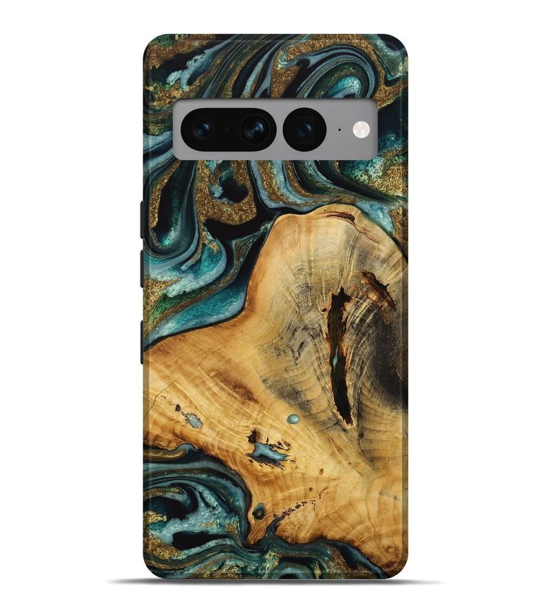 Pixel 7 Pro Wood Live Edge Phone Case - Vanity (Teal & Gold, 731689)