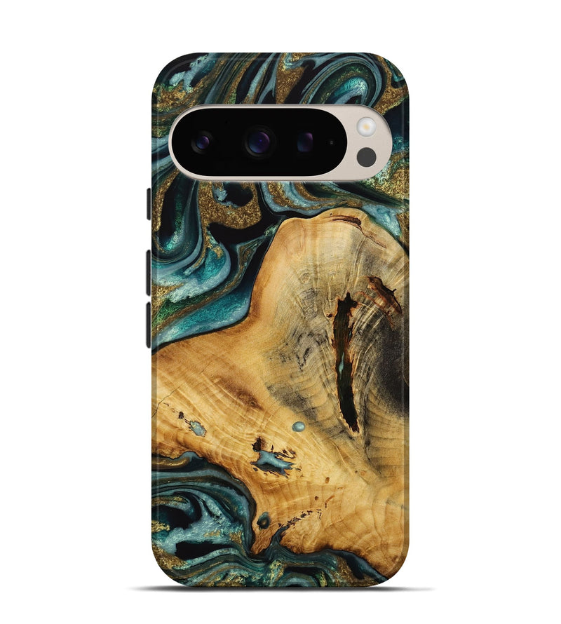 Pixel 9 Wood Live Edge Phone Case - Vanity (Teal & Gold, 731689)