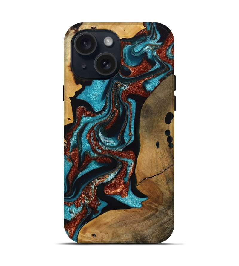 iPhone 15 Wood Live Edge Phone Case - Elora (Teal & Gold, 731691)