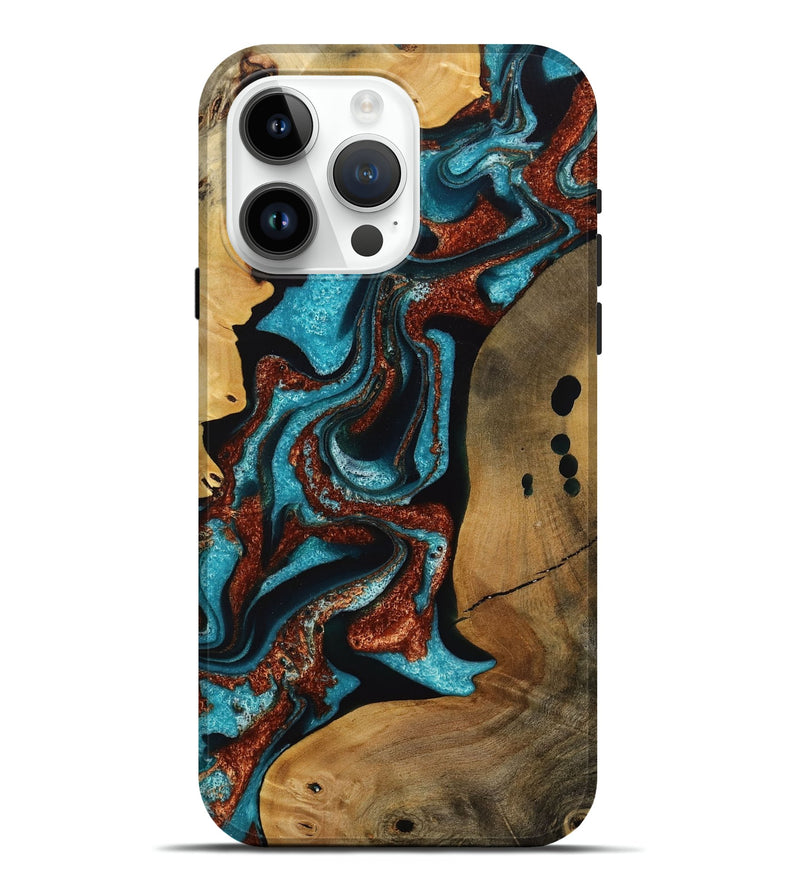 iPhone 15 Pro Max Wood Live Edge Phone Case - Elora (Teal & Gold, 731691)