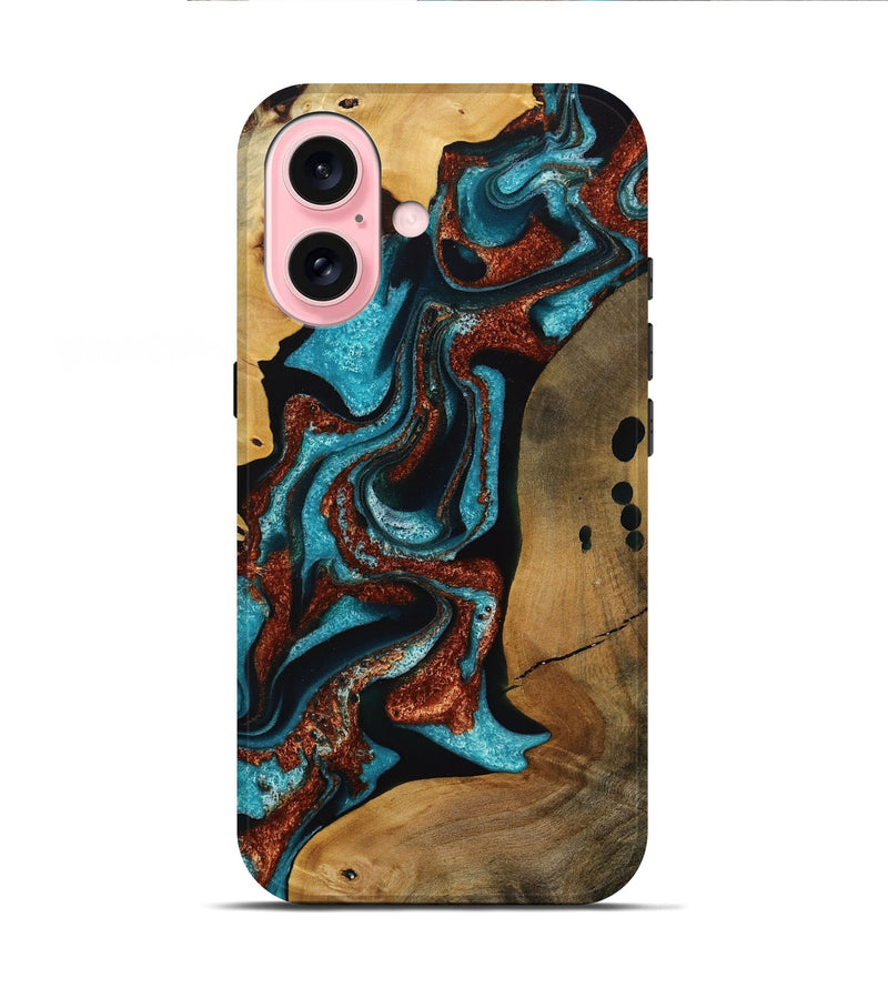 iPhone 16 Wood Live Edge Phone Case - Elora (Teal & Gold, 731691)