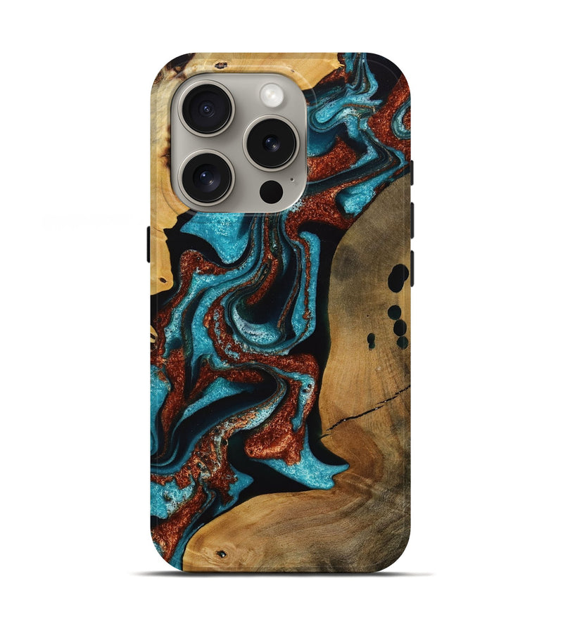 iPhone 16 Pro Wood Live Edge Phone Case - Elora (Teal & Gold, 731691)