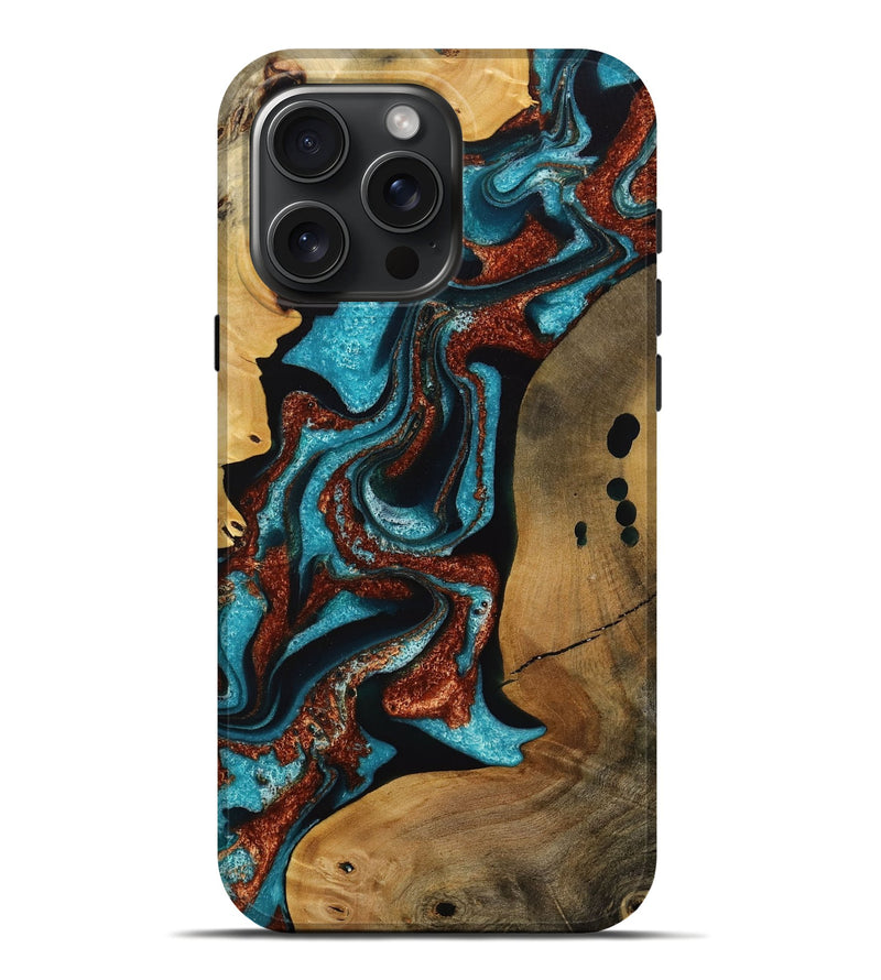 iPhone 16 Pro Max Wood Live Edge Phone Case - Elora (Teal & Gold, 731691)