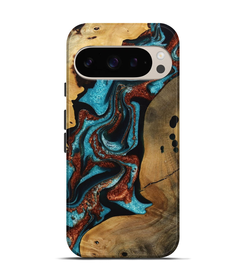 Pixel 9 Wood Live Edge Phone Case - Elora (Teal & Gold, 731691)