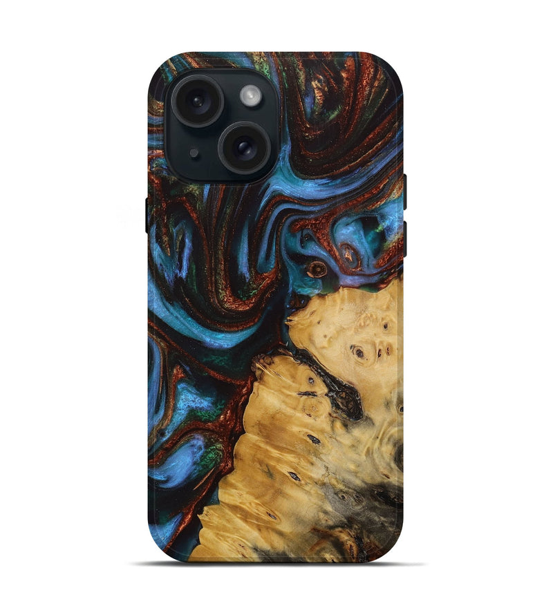 iPhone 15 Wood Live Edge Phone Case - Daunte (Teal & Gold, 731761)