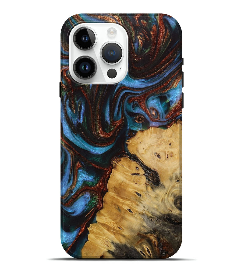 iPhone 15 Pro Max Wood Live Edge Phone Case - Daunte (Teal & Gold, 731761)