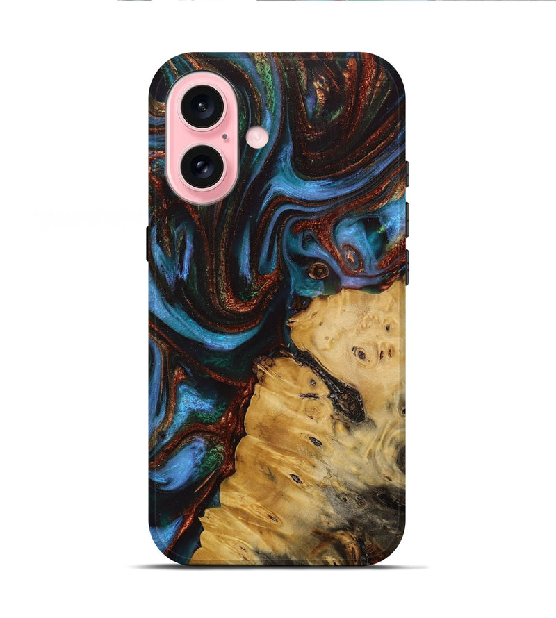 iPhone 16 Wood Live Edge Phone Case - Daunte (Teal & Gold, 731761)