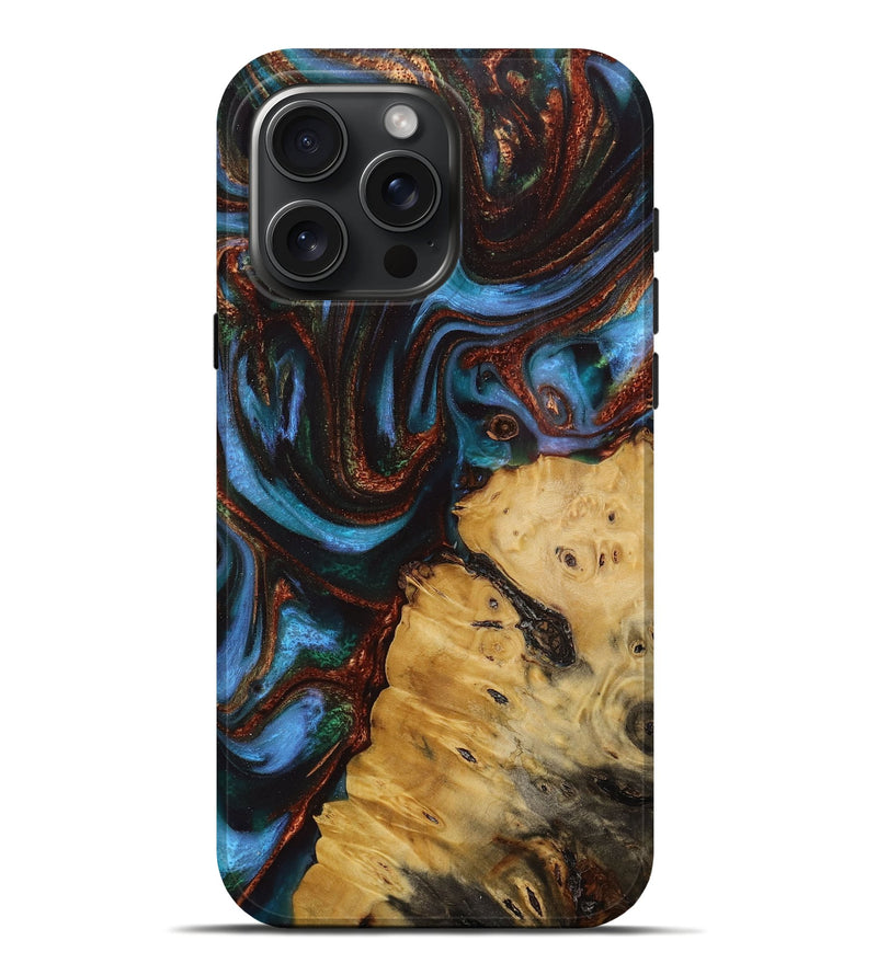 iPhone 16 Pro Max Wood Live Edge Phone Case - Daunte (Teal & Gold, 731761)