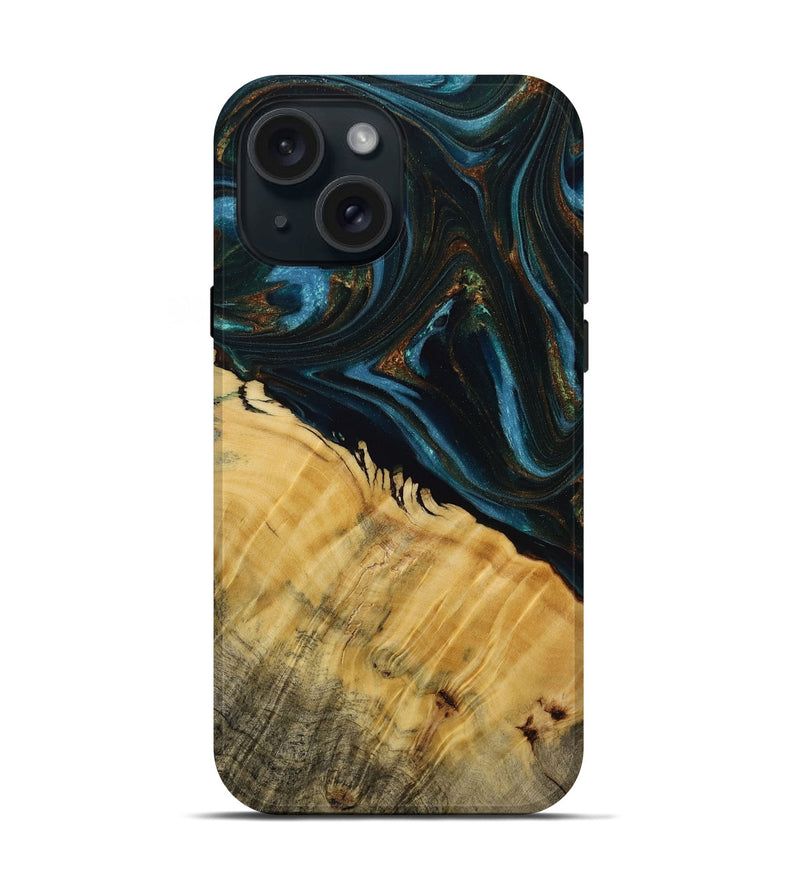 iPhone 15 Wood Live Edge Phone Case - Avon (Teal & Gold, 731766)