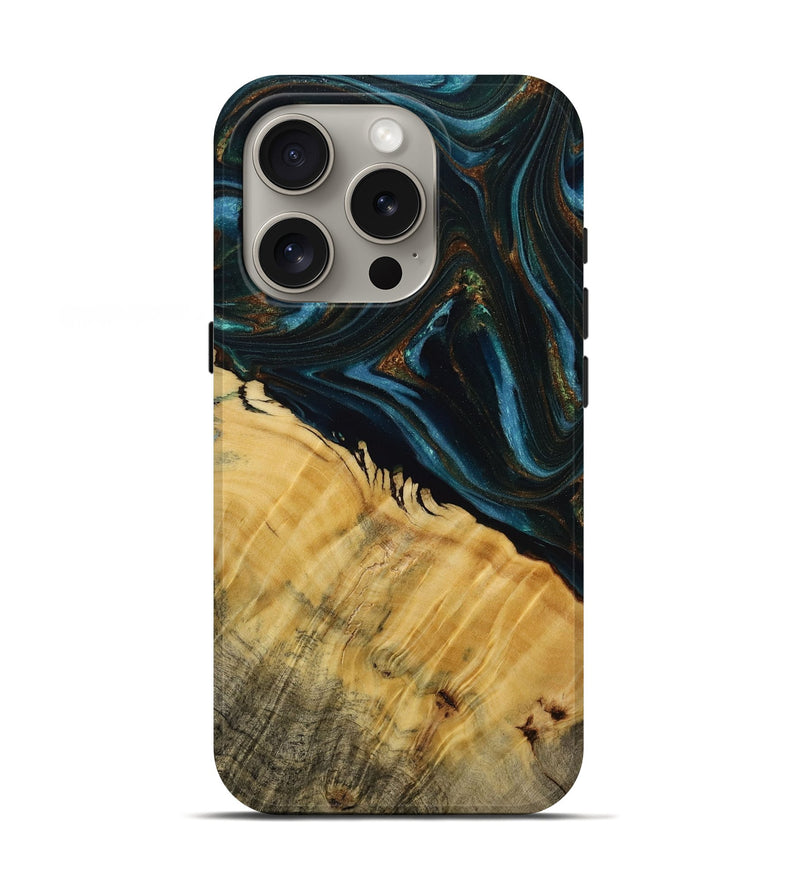 iPhone 16 Pro Wood Live Edge Phone Case - Avon (Teal & Gold, 731766)