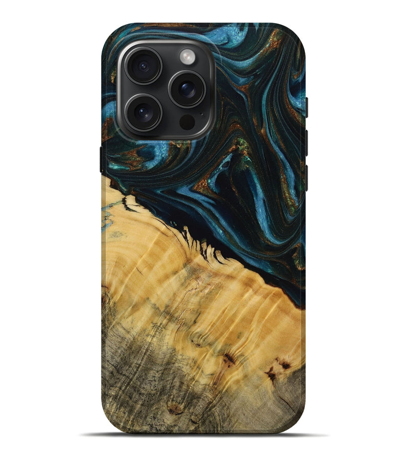 iPhone 16 Pro Max Wood Live Edge Phone Case - Avon (Teal & Gold, 731766)