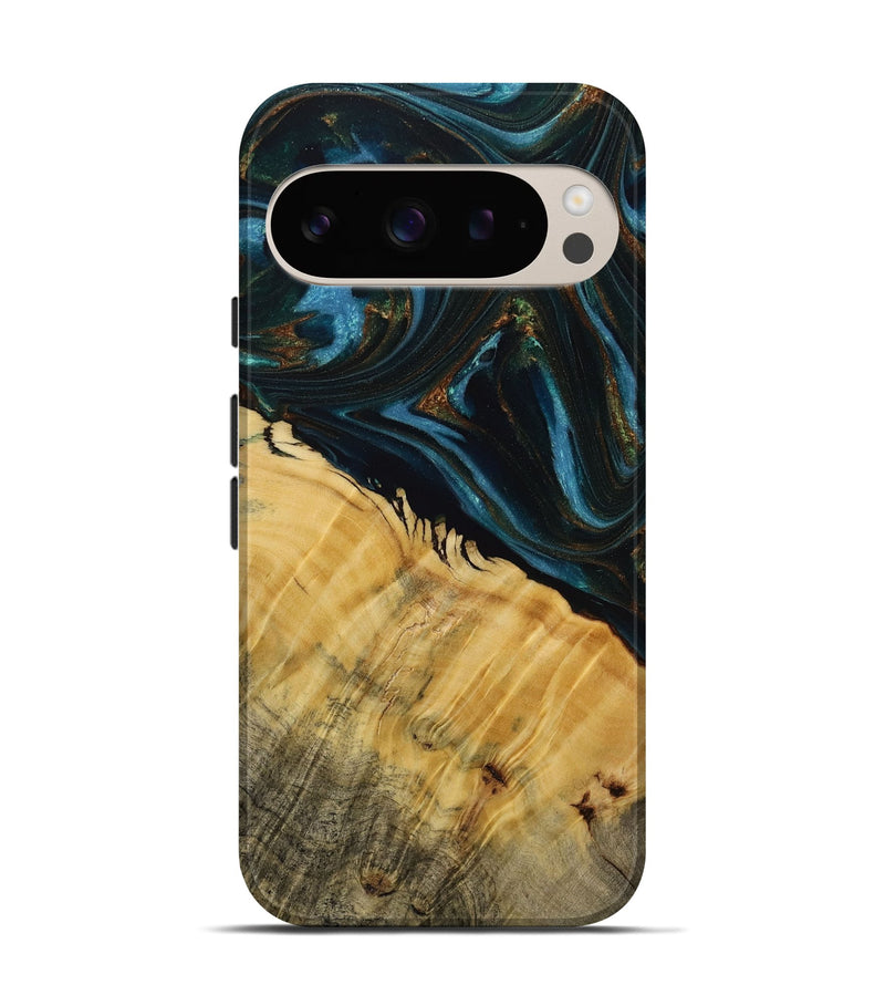 Pixel 9 Wood Live Edge Phone Case - Avon (Teal & Gold, 731766)