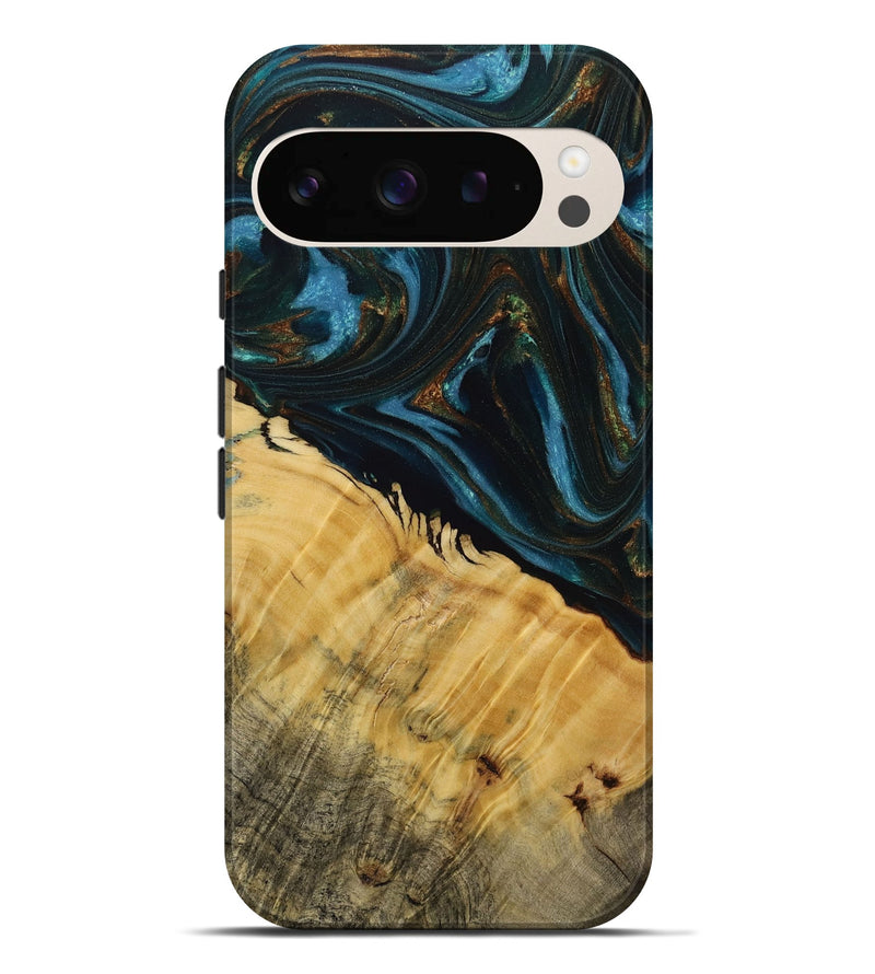 Pixel 9 Pro XL Wood Live Edge Phone Case - Avon (Teal & Gold, 731766)