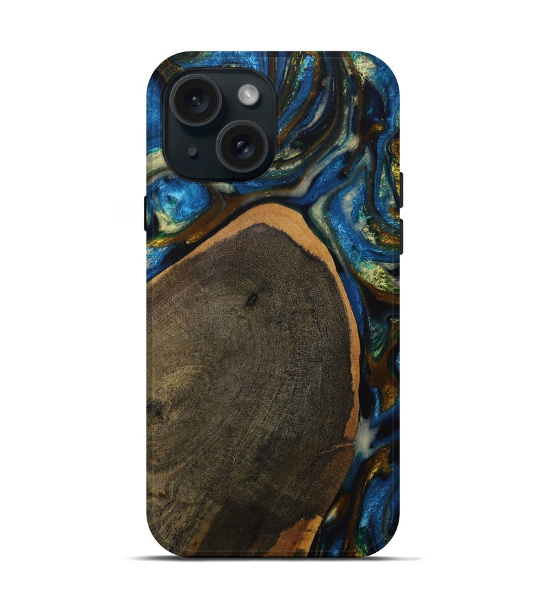 iPhone 15 Wood Live Edge Phone Case - Britton (Teal & Gold, 731773)