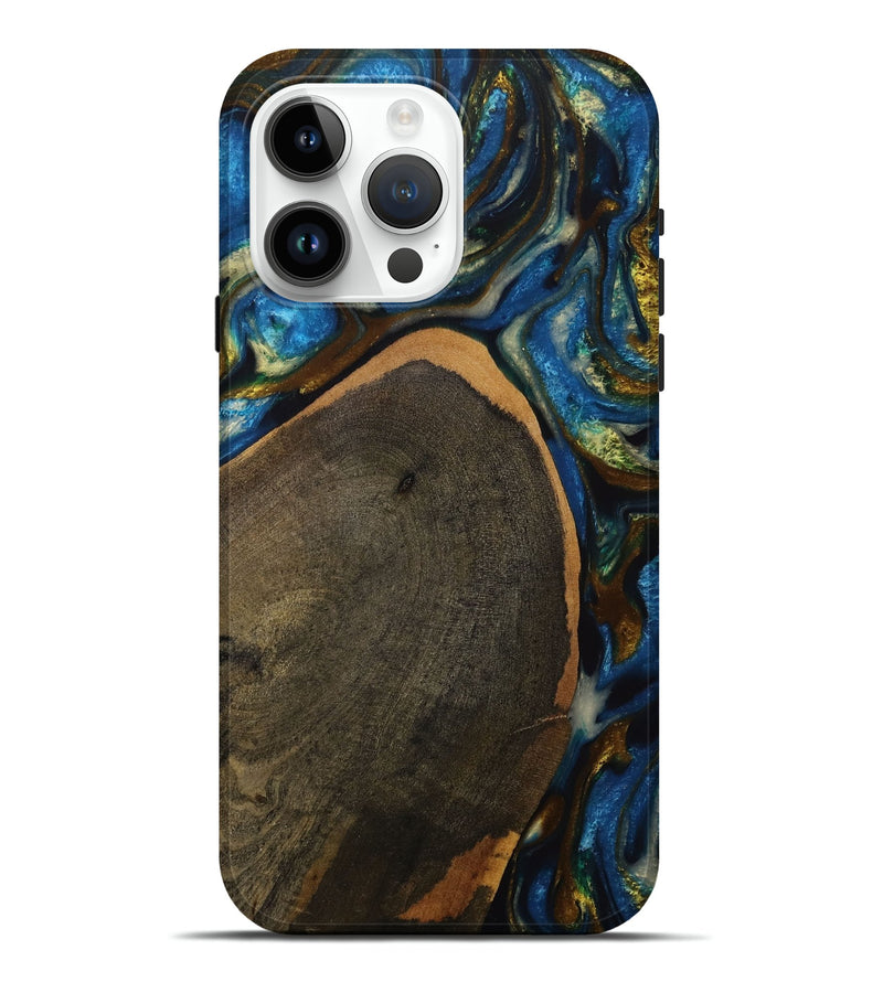 iPhone 15 Pro Max Wood Live Edge Phone Case - Britton (Teal & Gold, 731773)