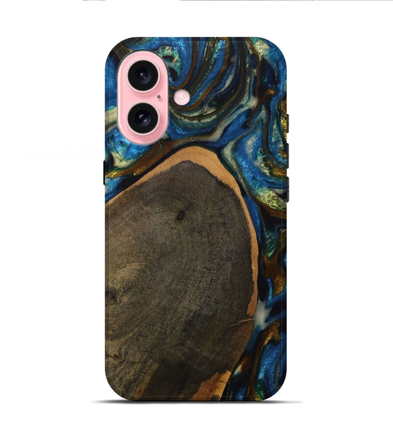 iPhone 16 Wood Live Edge Phone Case - Britton (Teal & Gold, 731773)